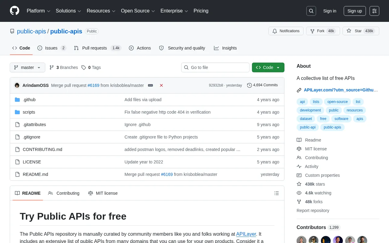 Capture d'écran de GitHub Public APIs